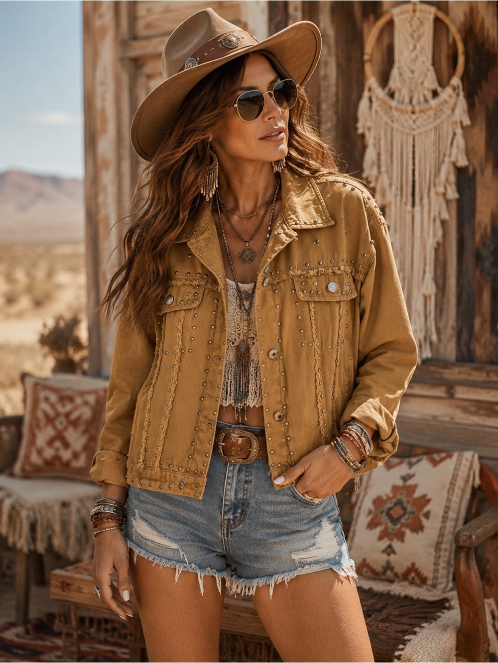 Brown-tan studded XXL DENIM JACKET super cute